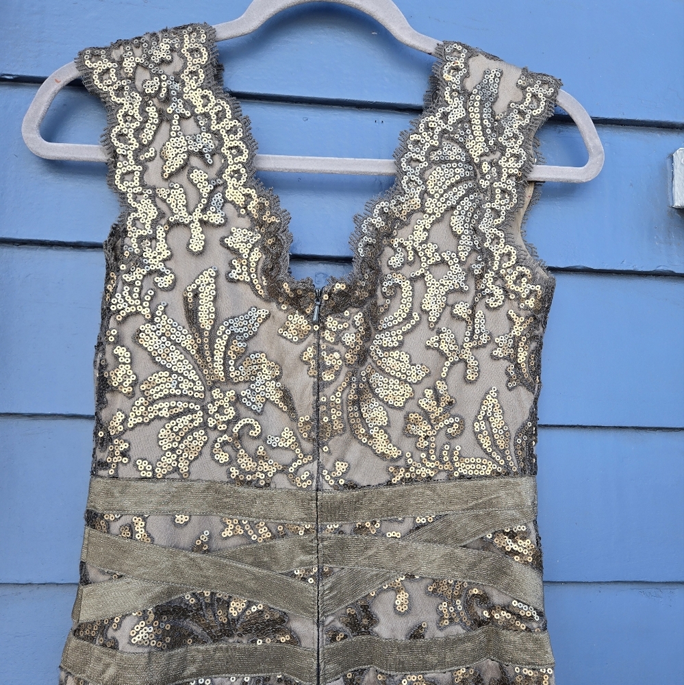 Tadashi Shoji Metallic Silver Champagne Lace Sheath Midi Dress - Picture 5 of 10